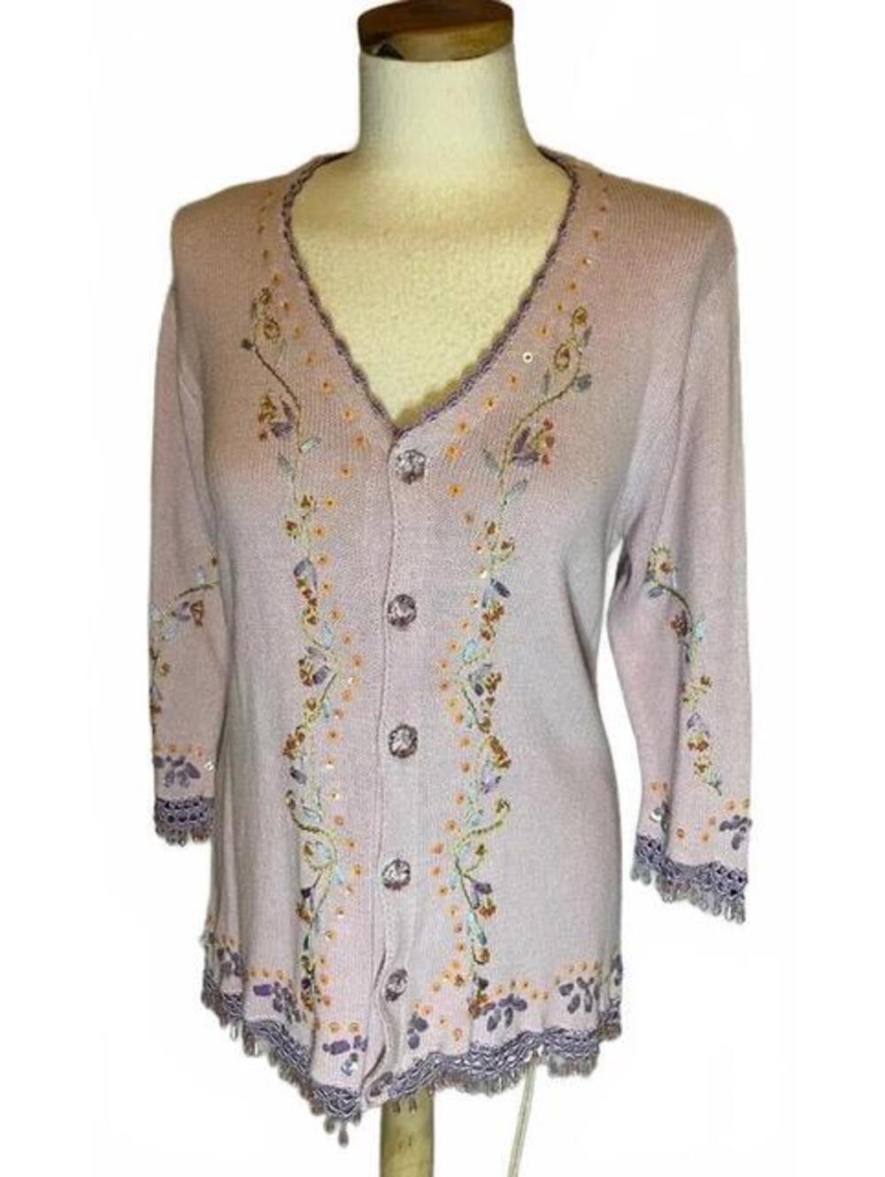 Storybook Knits beaded embroidered whimsy purple cotton ramie cardigan M